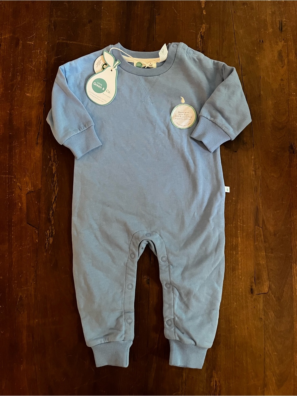 Little Green & Co Baby Blue Long-Sleeve Organic Cotton One-Piece Romper NWT
